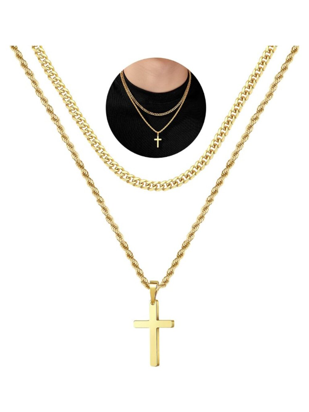Mens Cross Necklace Stainless Steel 20in 22in Layered Pendant